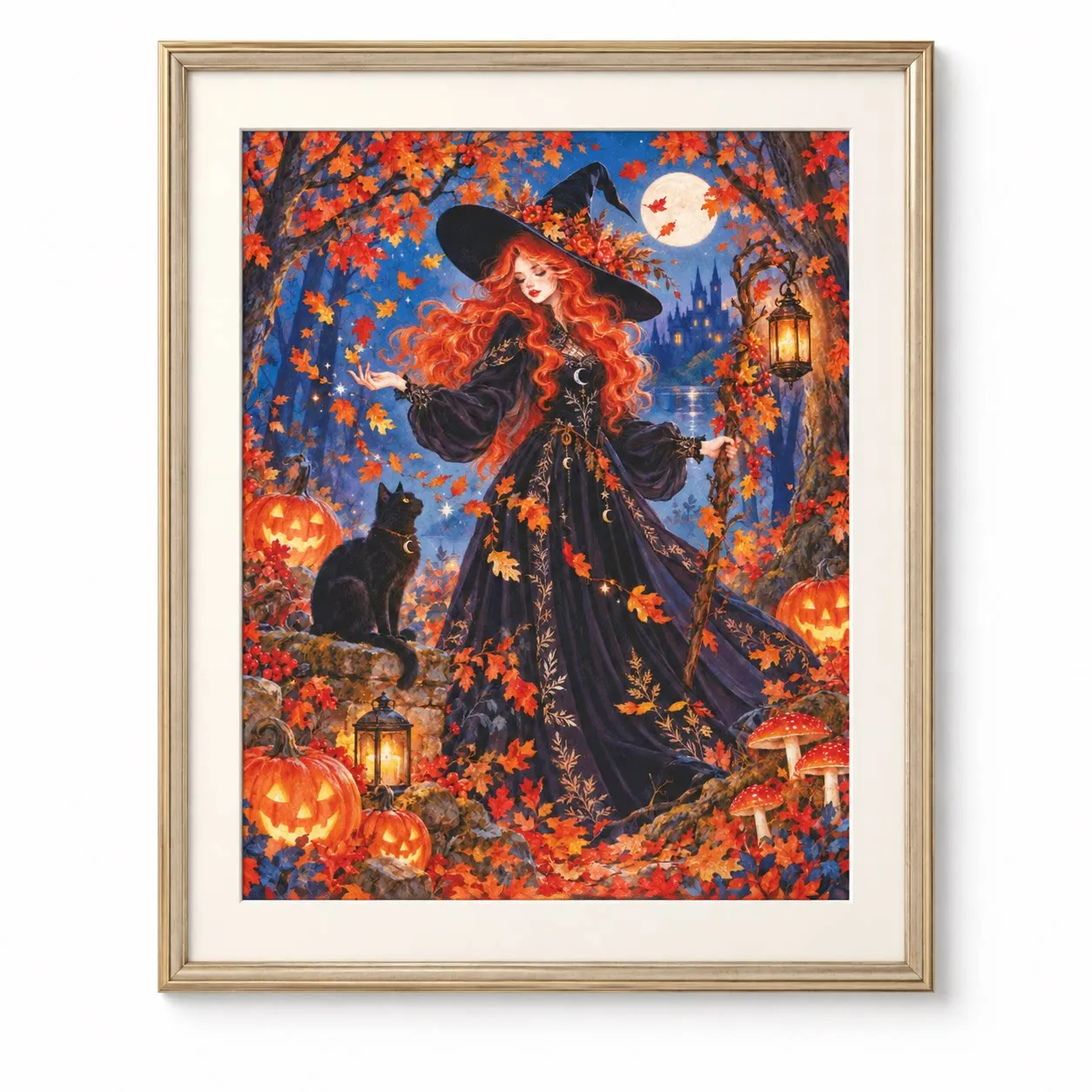 15CT [ZZ9305 - Halloween Forest Witch and Black Cat]Stamped Cross Stitch Kit 14CT 18CT 16CT DIY Printed Canvas Cotton Thread