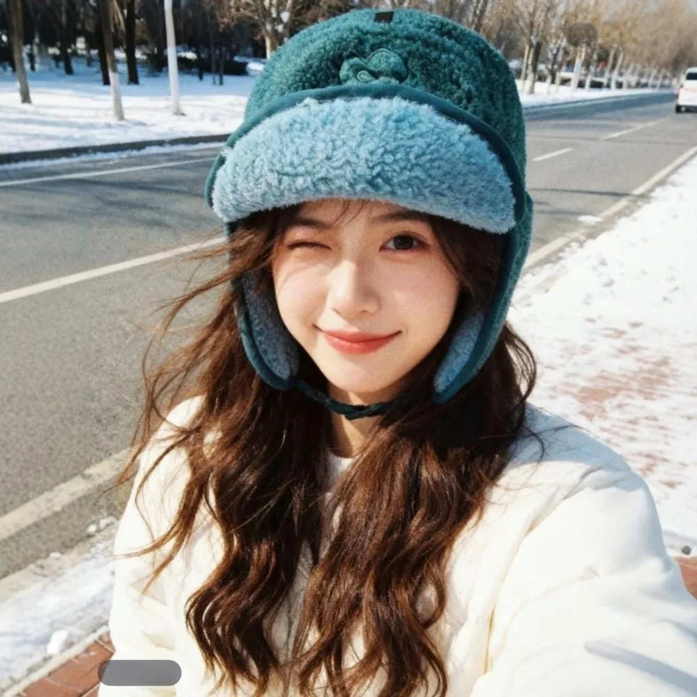 Autumn Winter Lamb Velvet Thunder Hat Flower Embroidered Lei Feng Hat Windproof Keep Warm Cold-proof Flying Hats Women Men