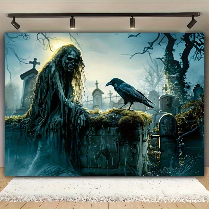 tapecaria-assustadora-de-corvo-e-fantasma-de-halloween-–-cena-de-cemiterio-assombrado-decoracao-de-halloween-design-noturno-iluminado-a-lua