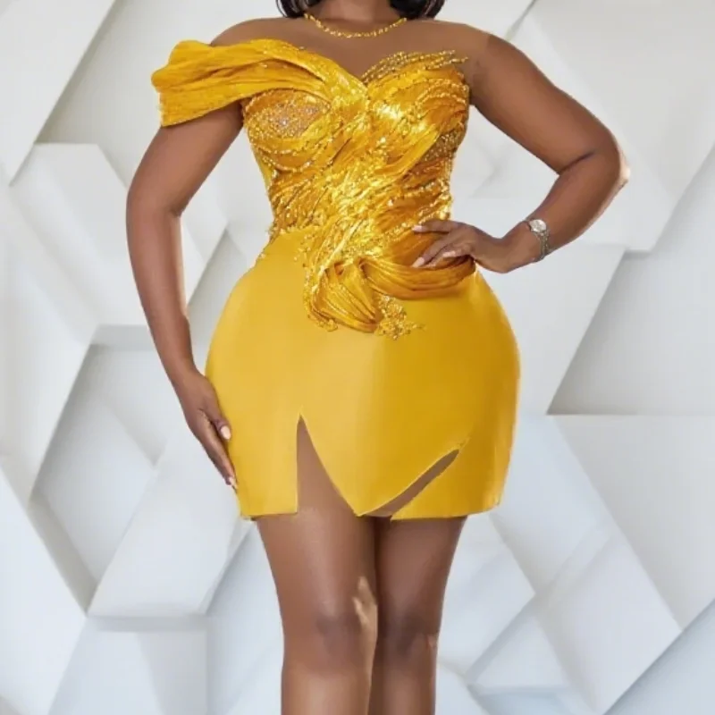 

Yellow Sheath Cocktail Dress Beaded Satin Sheer Neck Detachable Train Short Mini Graduation Homecoming Dresses Sweetheart Gowns