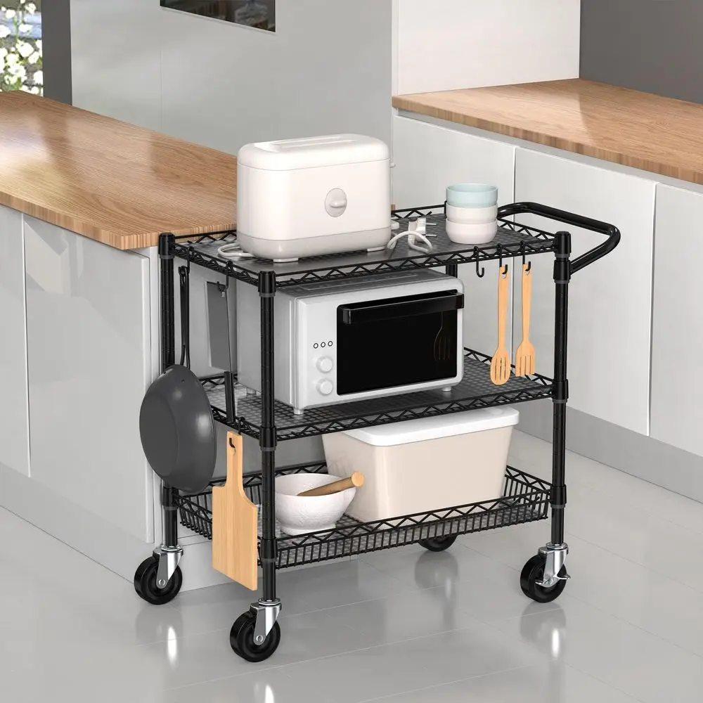 

Heavy Duty Rolling Cart with Wheels, 3 Tier Commercial Grade Utility Cart, Metal Kitchen Storage Trolley with Handle Bar amp Sh