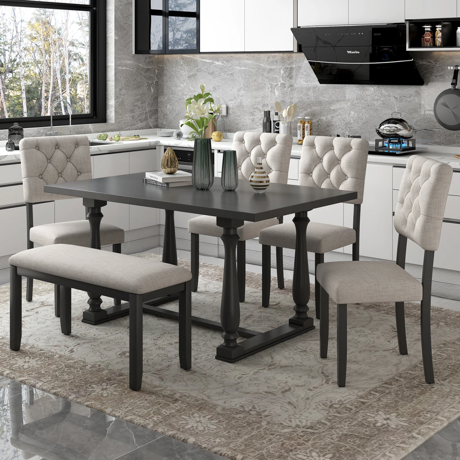 

TREXM 6-Piece Dining Table and Chair Set with Special-shaped Legs and Foam-covered Seat Backs&Cushions for Dining Room (Gary)