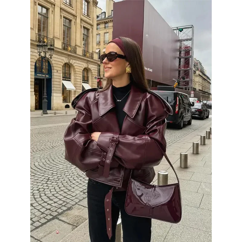 Ximina Elegant Vintage Wine Red Lapel Jackets Women Chic Belt Slim Cropped Coat Spring Fashion Lady High Street Party Outerwear