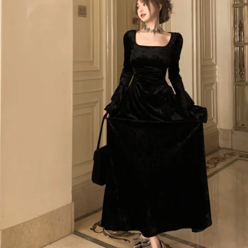 Y2K Velvet Long Dresses for Women Flare Sleeve Square Collar Slim Waist A-line Autumn Winter Evening Party Prom Robe Vestidos