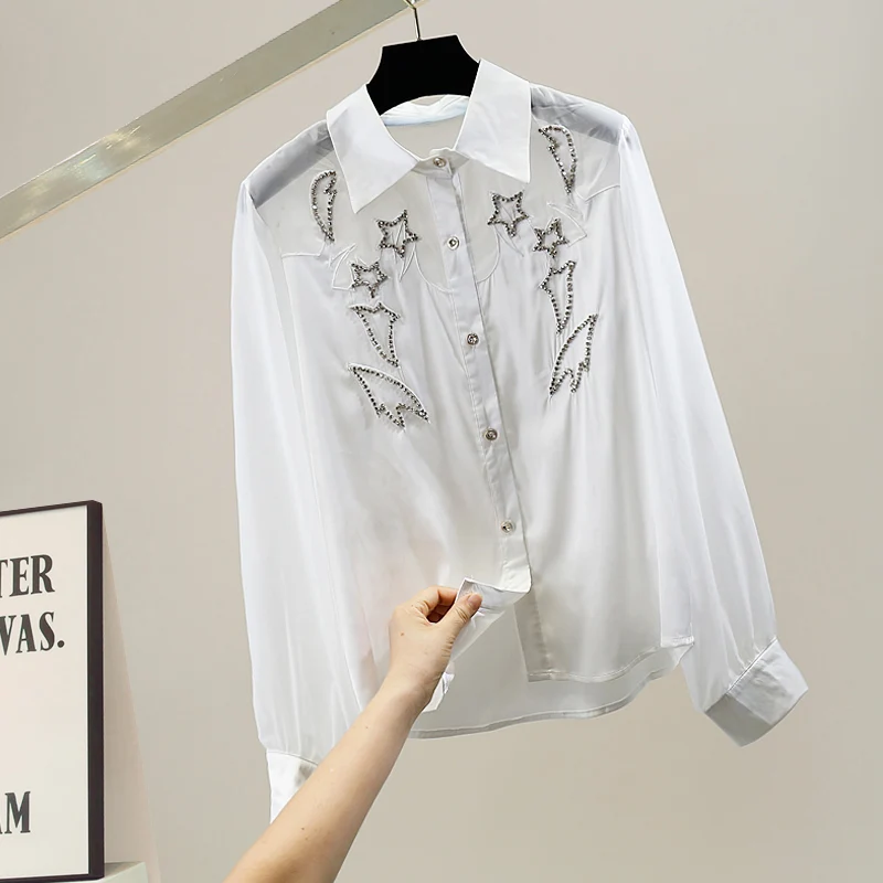 

Ele Long Sve Satin irt with Rhinestone Stars See tough Ogees Lace Patchwork Loose Fit Women's Premium Sle Slimmi...