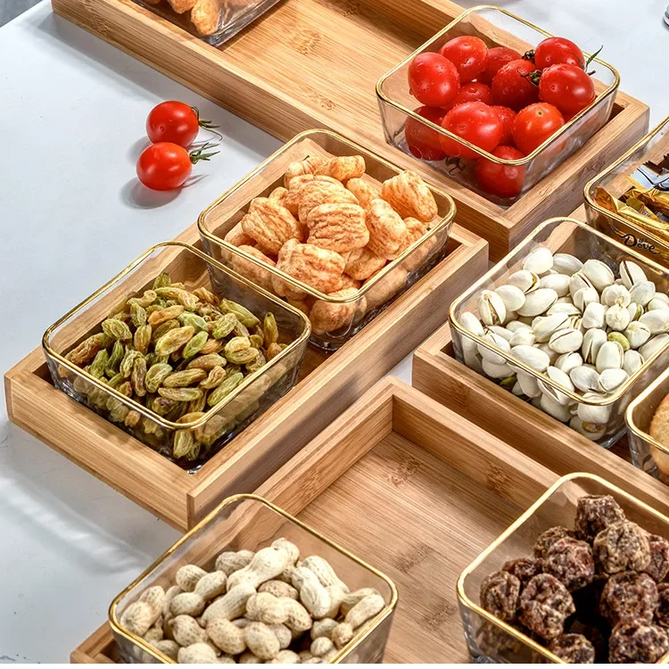 Glass Snack Platter Multi-cell Suit with Rectangular Wooden Home Pallet Square Dried Fruit Bowl Plate Tableware
