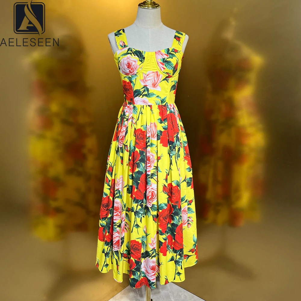 AELESEEN Sicilian Summer Pure Cotton Dress Women Designer Fashion Spaghetti Strap Yellow Flower Print Slim Elegant Party