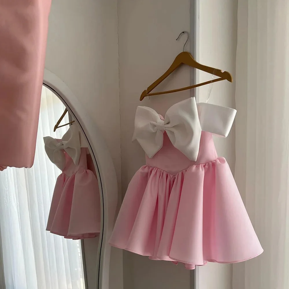 

Pink Flower Girl Dresses for Wedding Bow Knee Length Lovely Girl Kids Birthday Party First Holy Communion Gowns Customized