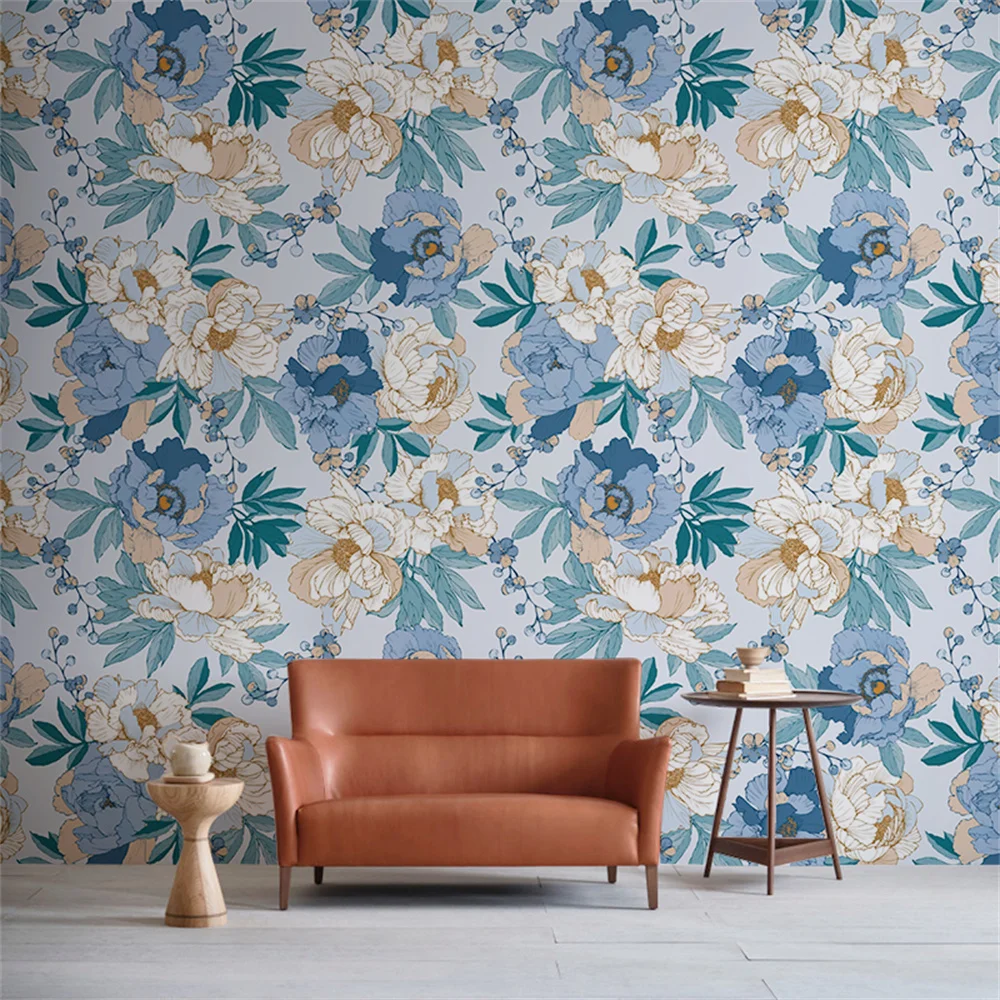 custom mural Nordic blue flower wallpaper for living room TV background art countryside Floral wallpaper for bedroom decoration