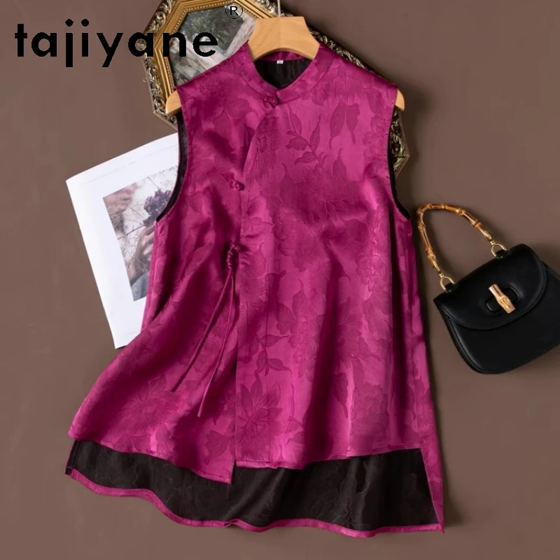 TAJIYANE 100% Mulberry Silk Tank Tops Woman Sleeveless Summer Top Rose Red Mid Length Vest 2025 Ladies Clothes Tanques De Mujer