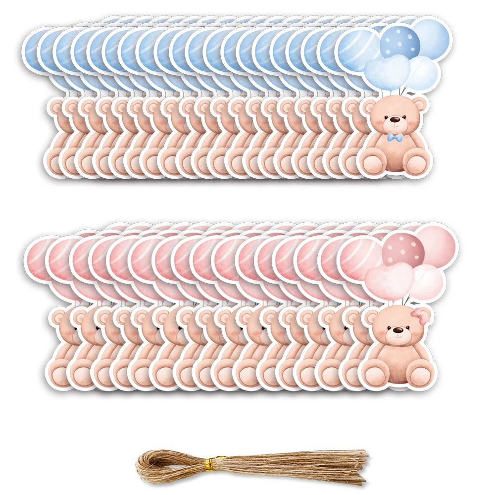 50pcs Pink Blue Balloon Bear Stickers Paper Tags for Baby Shower Kids Happy Birthday Party Decorations Gifts Packaging Supplies