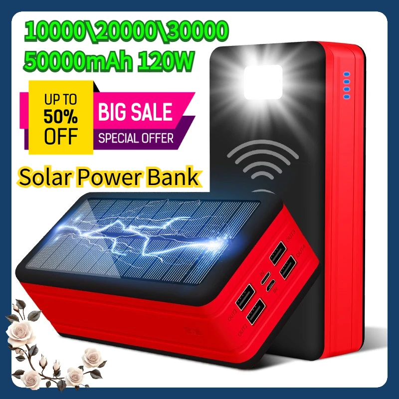 

For 50000mAh 120W Solar Power Bank USB Large Capacity External Battery Mobile Phone Wireless Fast Charging