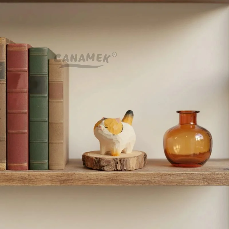 Kawaii Calico Cat Wood Figurines Handcraved Wooden Statue Desk Home Office Decor Gift For Cat Lovers