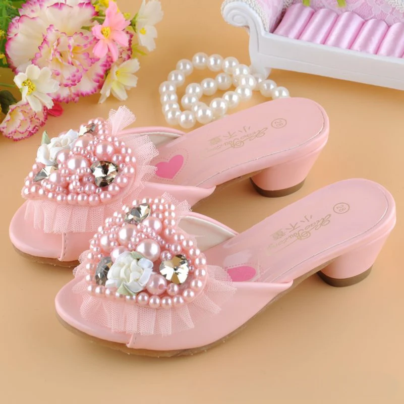 Children's High Heels Princess Slippers Fashion Outside Wearing Girls Sandals Summer Kids Girl Party Dress Pearl Crystal Shoes