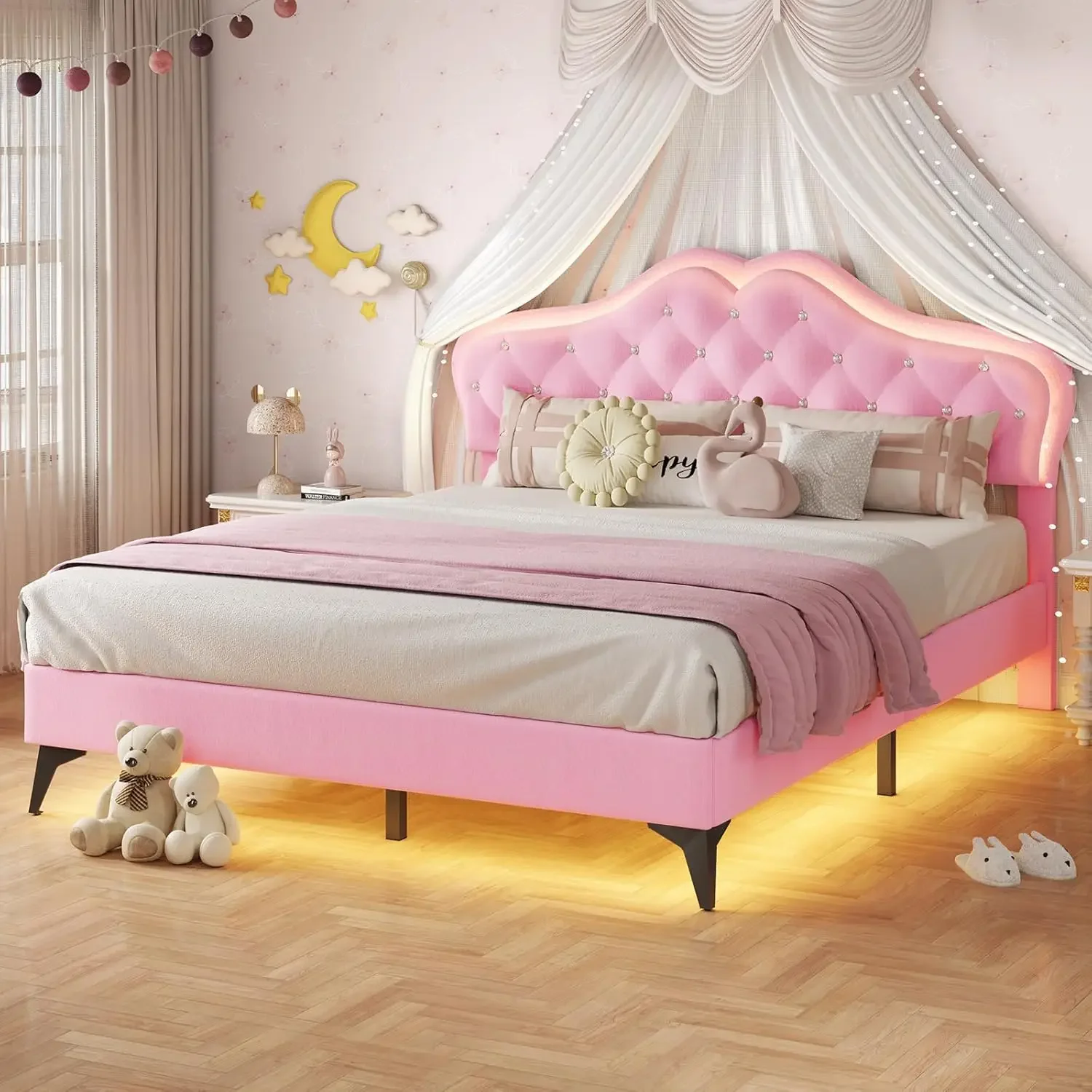 Full Size Upholstered Bed Frame with LED Lights, Princess Platform Bed for Girls, Adjustable Headboard with Crystal Button