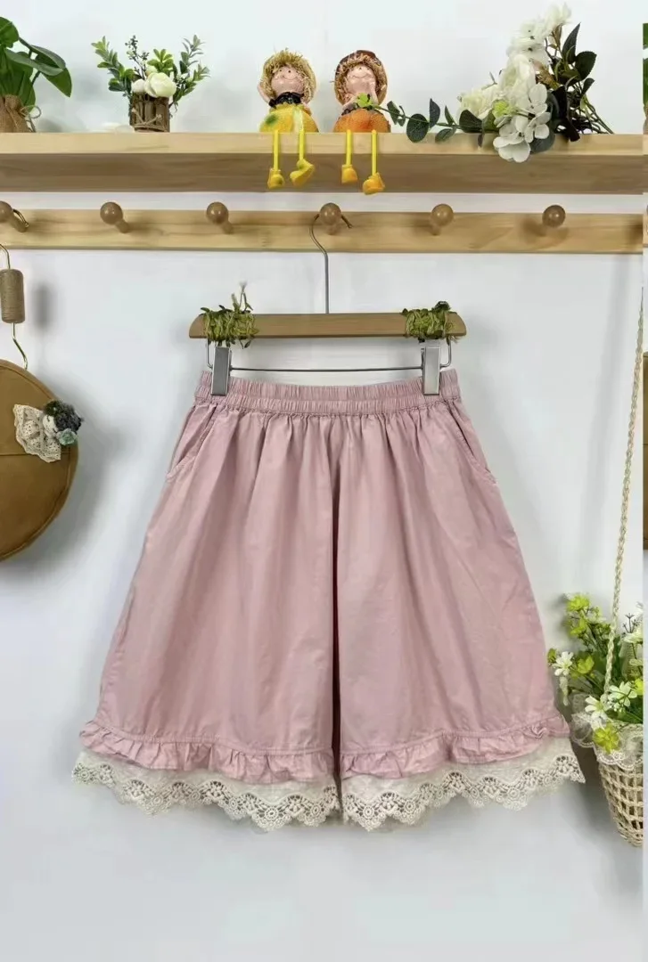 Summer Japan Style Mori Girl Lace Embroidery Cotton Loose Shorts Women Elastic Waist Casual Short Pants