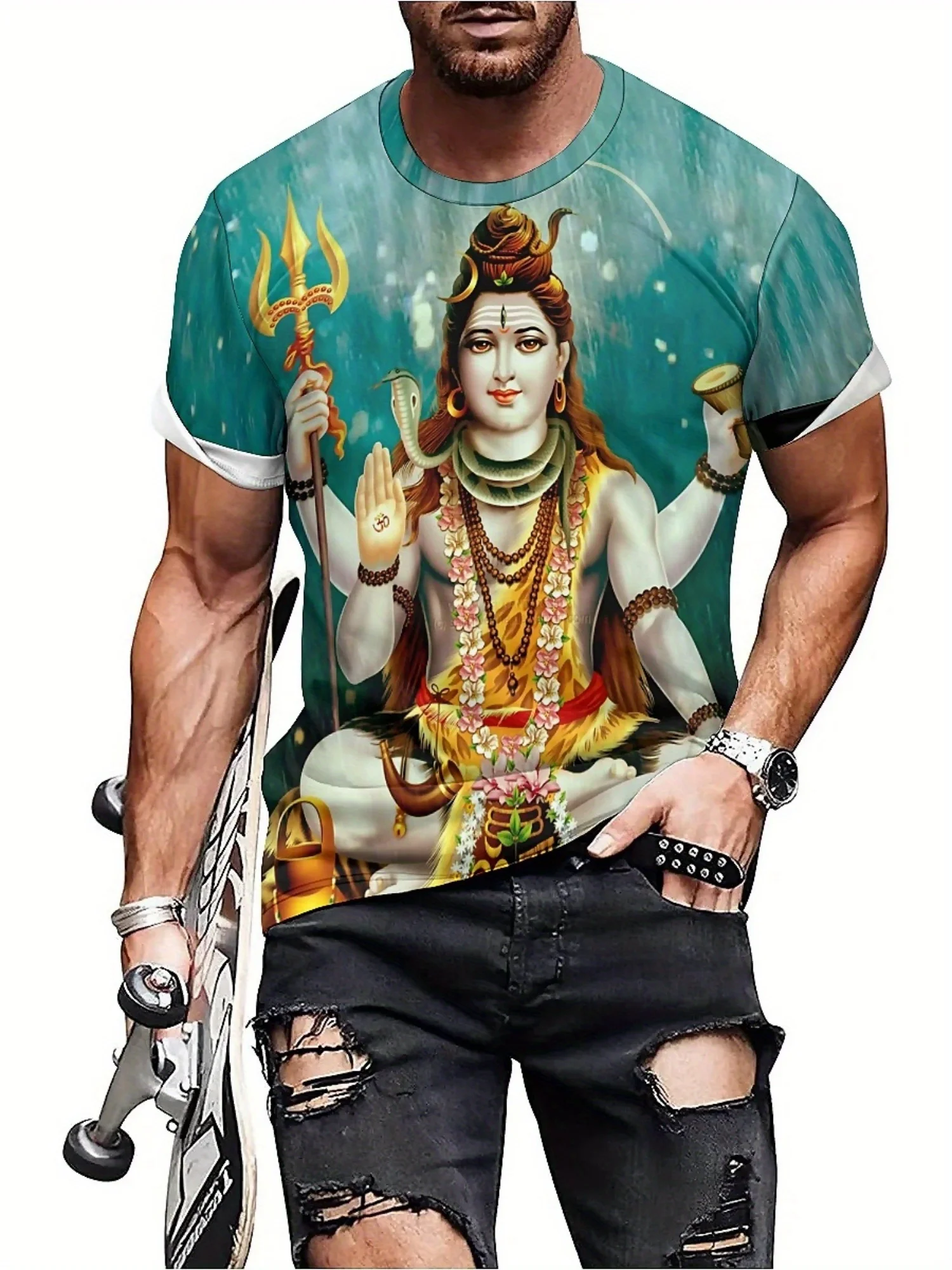 Men's & Women's Hindu Lord Shiva Graphic T-Shirt - Indian God Tee with Trident, Soft Polyester Shirt for Cultural Events