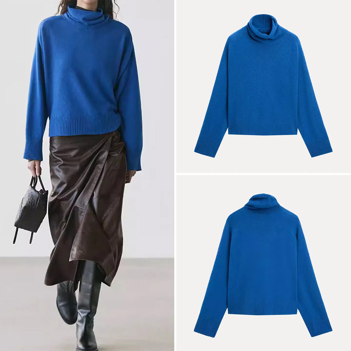 

Faionable Long Sve High Collar Klein Blue Knitted Sweater Winter 2025 New Arrival Women's Loose Fit Casual Sle Knitwear