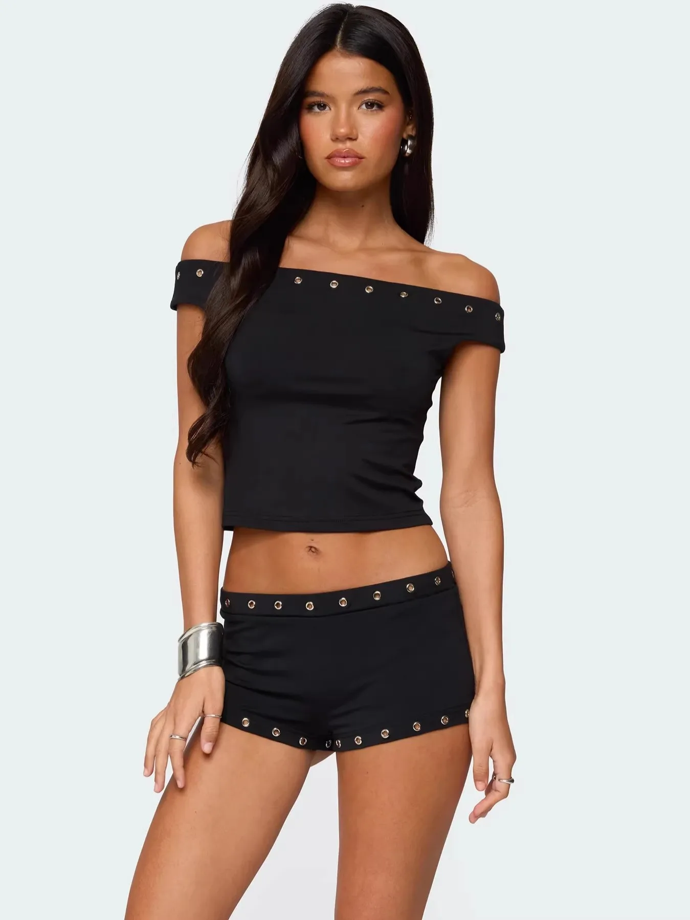 

Summer Women's 2 Piece Set Shorts Crop Top High Waist Short Pants Black Solid Light Gray Shorts Woman Matching