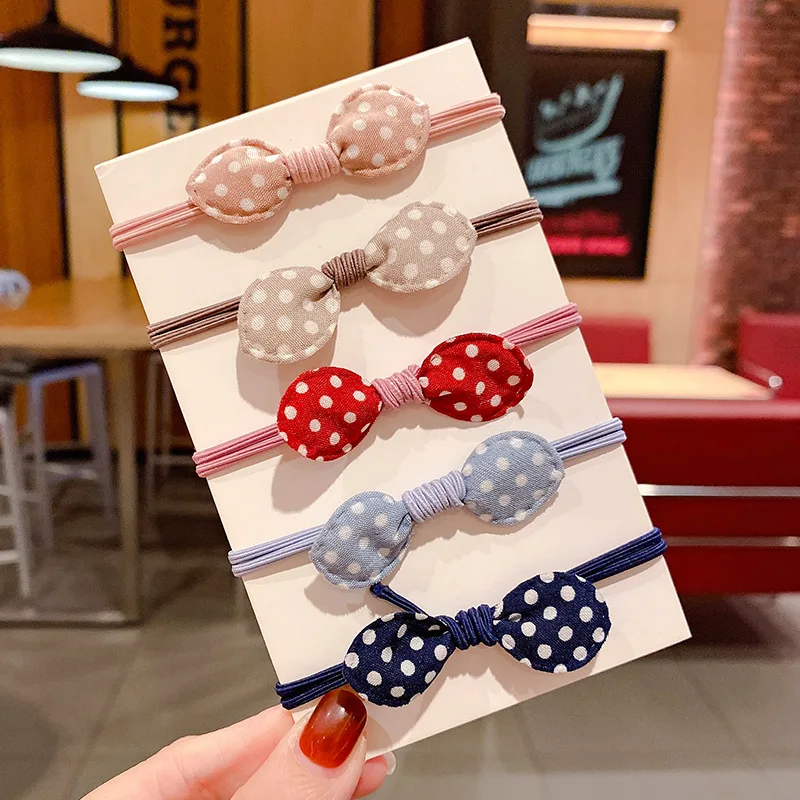 5pcs Korean Rabbit Ears Hair Rope Plaid Polka Dots Bow Elastic Hair Ring for Kids Headwear Headdress Girls Hair Accessories