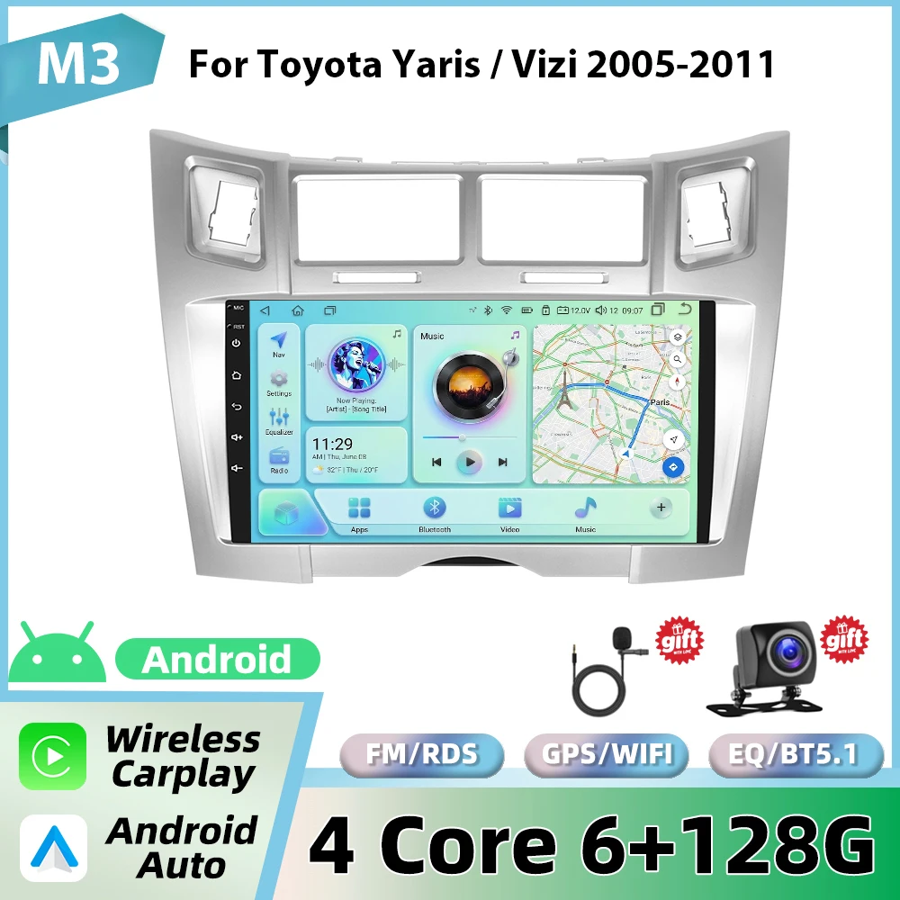 Podofo draadloze CarPlay voor Apple voor Toyota Yaris/Vizi 2005-2011 Android Auto autoradio GPS FM/RDS WiFi BT multimediasysteem