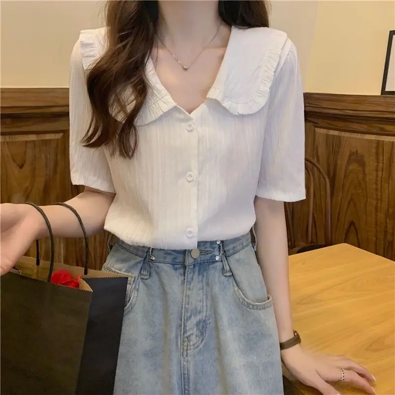 Button Shirts and Blouses Korea Short Sleeve Top Women 2024 Summer Sweet Blouses Elegant Solid Sweet Peter Pan Collar Clothes