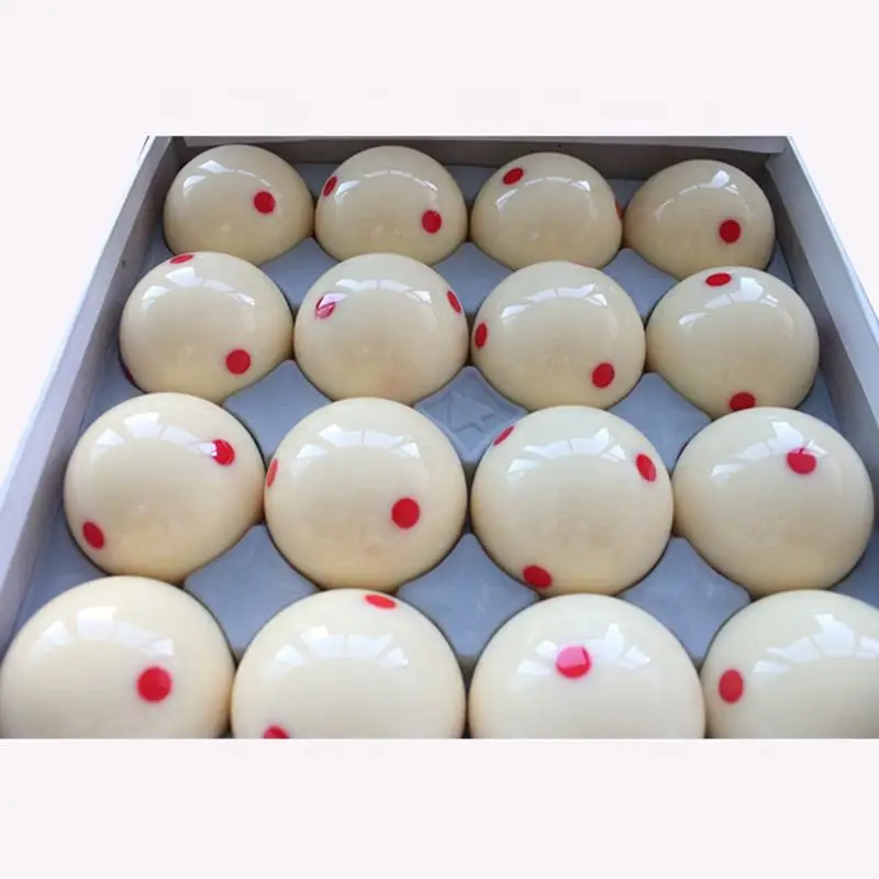 

Standard Quality 16PCS/BOX White Box Packaging Resin Pool Sports Cue Ball with 6 Red Dots 57.2mm Billiard Cue Balls
