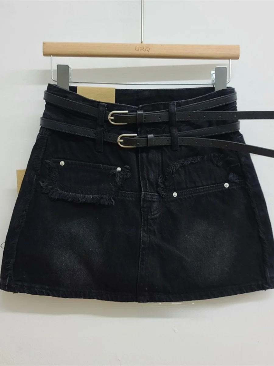 Gray Short Black Denim Women's 2023 Spring and Summer New Fashion All-Match High Waist Sheath A- Line Mini Skirt Pantskirt