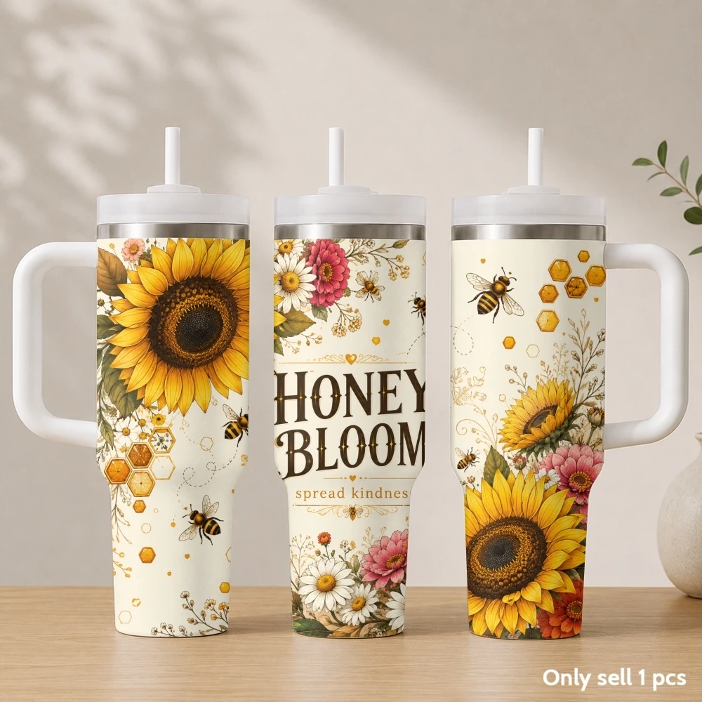 Sunflower bees Vacuum Flasks 40oz Stainless Steel Insulated Tumbler with Handle & Straw Leakproof Travel Mug