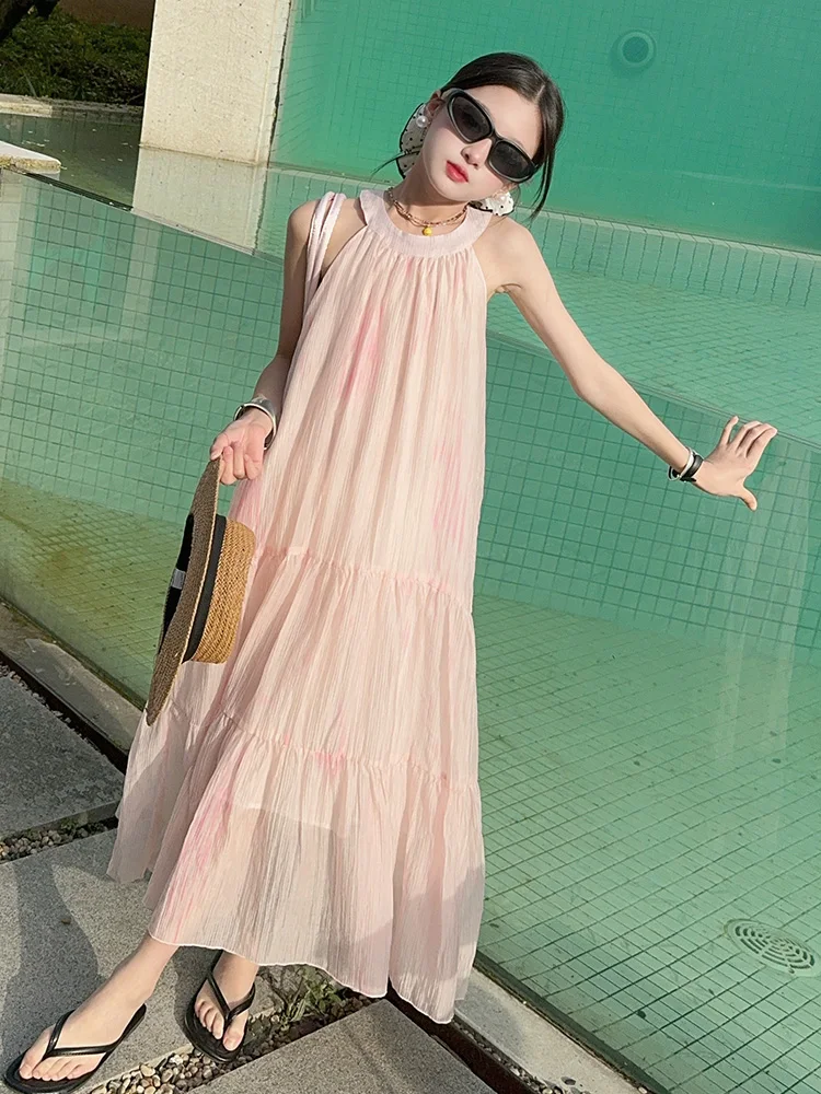 

Summer Beach Vest Strap Dr Girls Holiday Wide Skirt Korean Sle High Waist Silk Blend Fabric No Sve round Ne Midi Dr