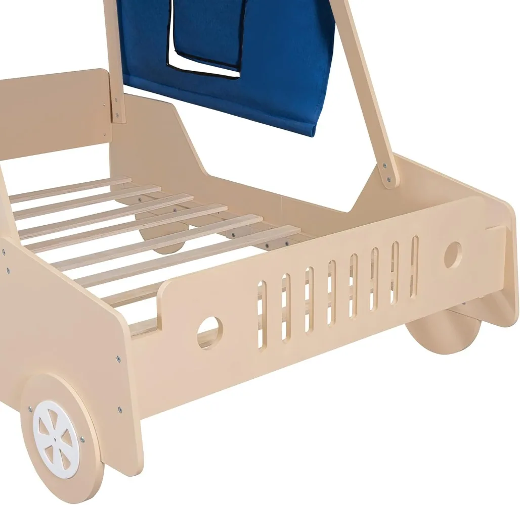 Cama de coche de tamaño completo para niños con dosel y ruedas, marco de cama de madera con rejilla de seguridad, diseño de Base elevada, fácil de montar, niños pequeños