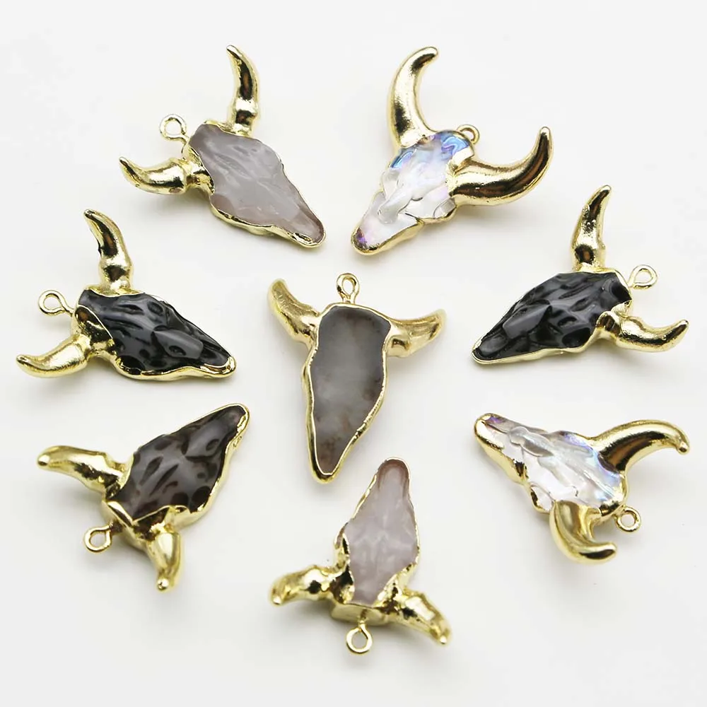 Natural Semi Precious Stone Multicolour Bull Head Acrylic Resin Pendants Necklace Charms Jewelry Accessories Gift Wholesale 8Pcs