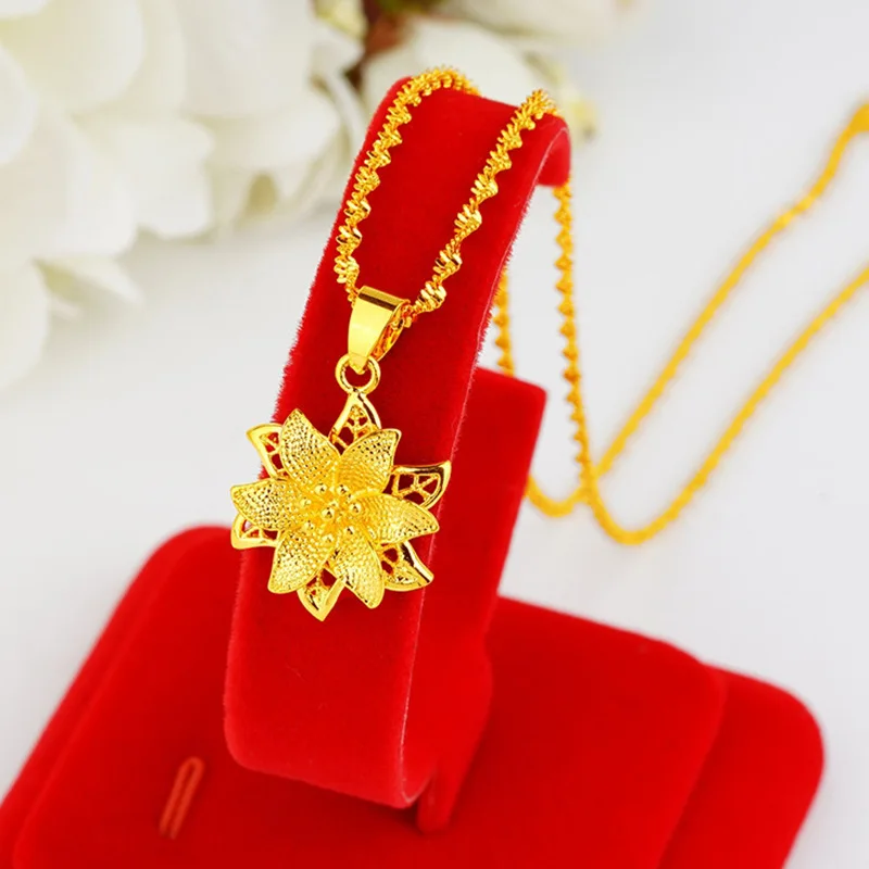 Chinese Style Sand Gold Lily Flower Water Wave Pendant Necklace Exquisite Light Luxury Fashion Jewelry For Women Gift