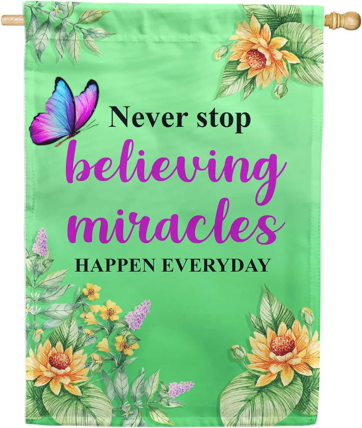 America Forever Believe In Miracles House Flag 28 x 40 inch Inspirational Positive Quote Double Sided Butterfly Yellow Flora yyi