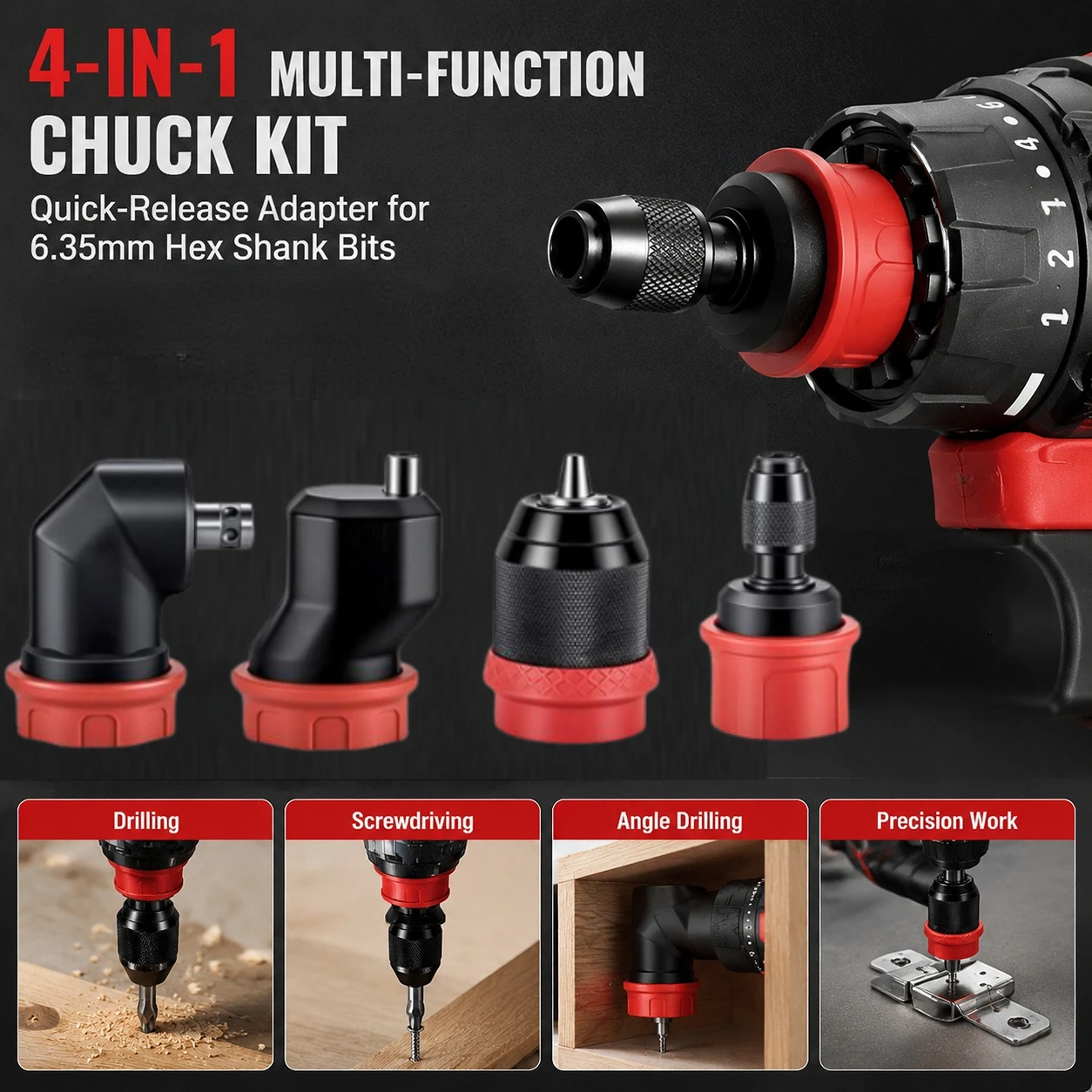 4-in-1 Multi-function Chuck Kit Quick-Release Adapter Brushless Rechargeable Electrical Drill Chuck For 6.35mm Hex Shank Bits