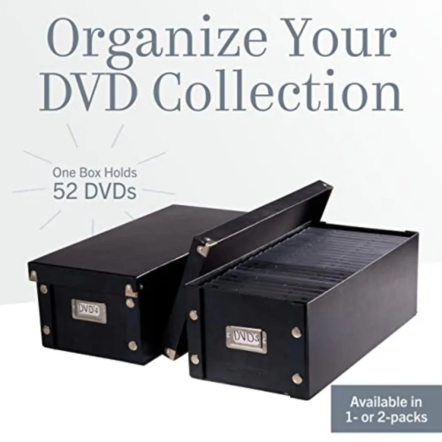 Paquete de 2 cajas de almacenamiento de DVD duraderas de 6x8,2x16,5 pulgadas con tapas para organizar hasta 52 fundas de discos de películas, ideales para entreti en el hogar