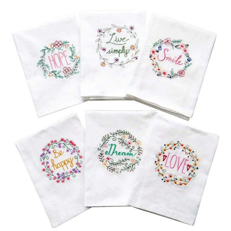 Embroidered Napkins White Dinner Cloth Letters Floral Reusable Table Dish Cotton Mat Pad Embroidery Household Decoration Towels
