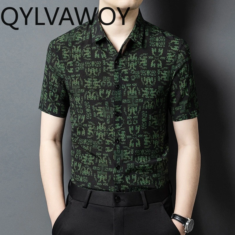 QYLVAWOY Men's Shirts High-end Clothes for Man 100% Natural Mulberry Silk Shirts Short Sleeve New Summer Tops Slim-fit Business