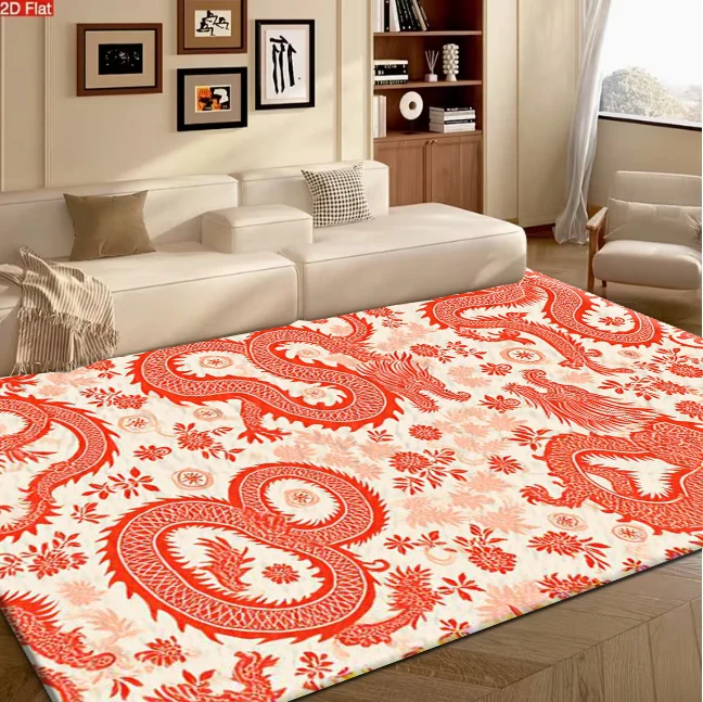 Chinese Red Dragon Phoenix Paper-Cut Style Carpet Flooring, Traditional Oriental Dragon Phoenix Pattern Area Rug for Living Room Bedroom Home Decor