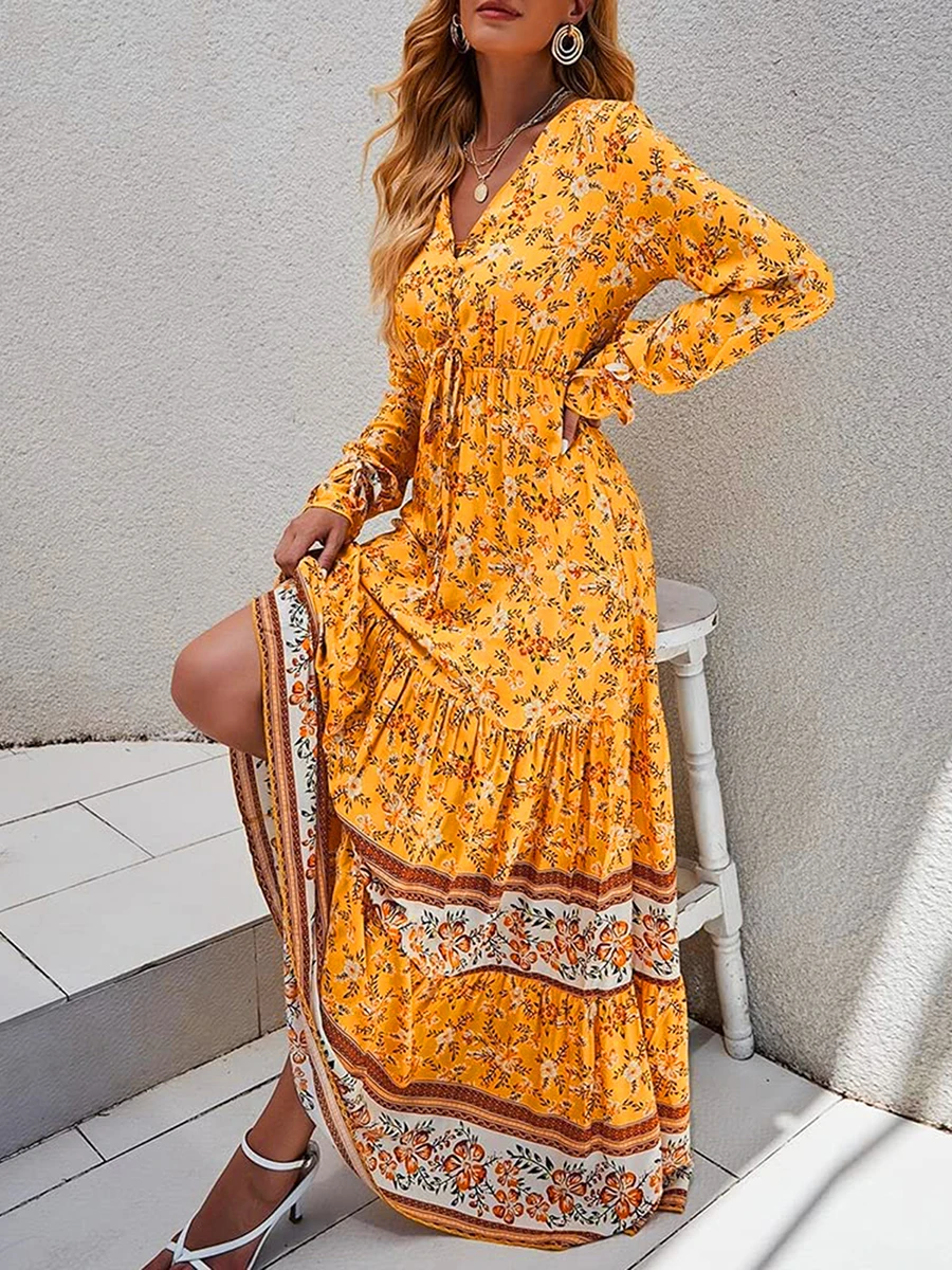 Long Dresses for Women Bohemia Floral Print V Neck Wrap Boho Dress Female Summer Long Sleeve Loose Beach Holiday Sundress