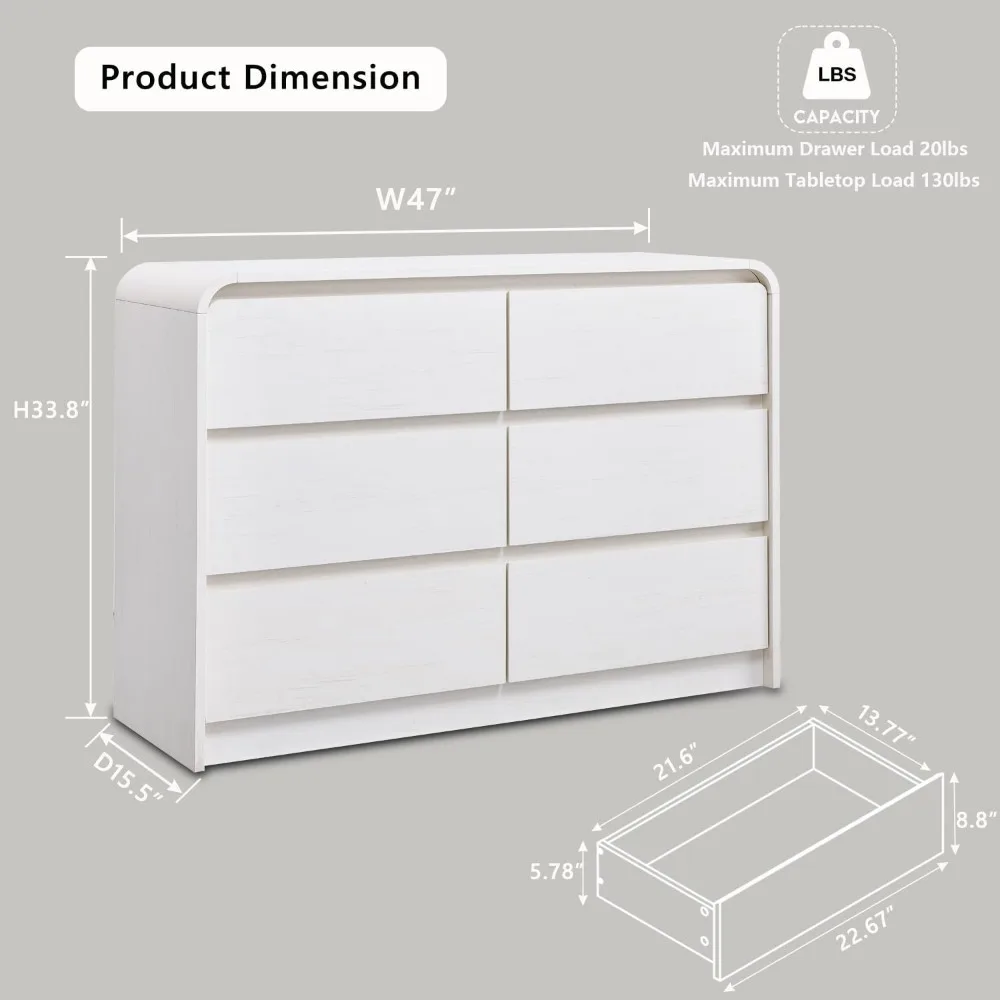 Modern 6 Drawers Dresser for Bedroom,  Wide Wood Dressers & Chests of Drawers w/Curved Profile Design