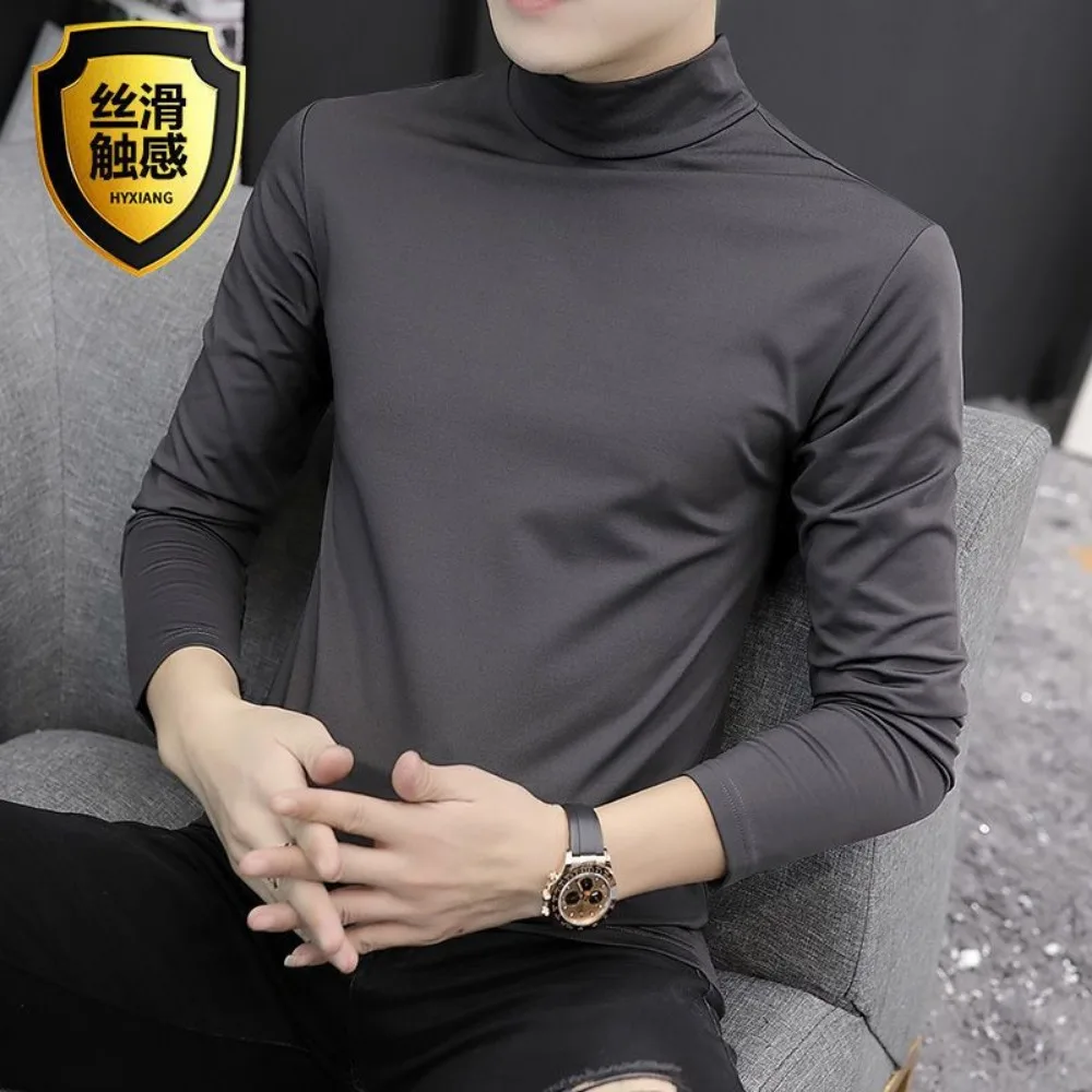 2023 Autumn Winter High Neck Long Sleeve T-Shirt Men\'s Stretch Bottoming Shirt Pure White Thin T-Shirt Tee Tops Undershirt Man