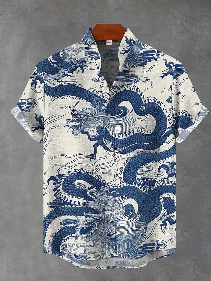 2026 Men's Shirt Ukiyo-e Dragon Wave Floral Print Short Sleeve Turn Down Collar Loose Summer Vacation Casual Tops Mens Clothing