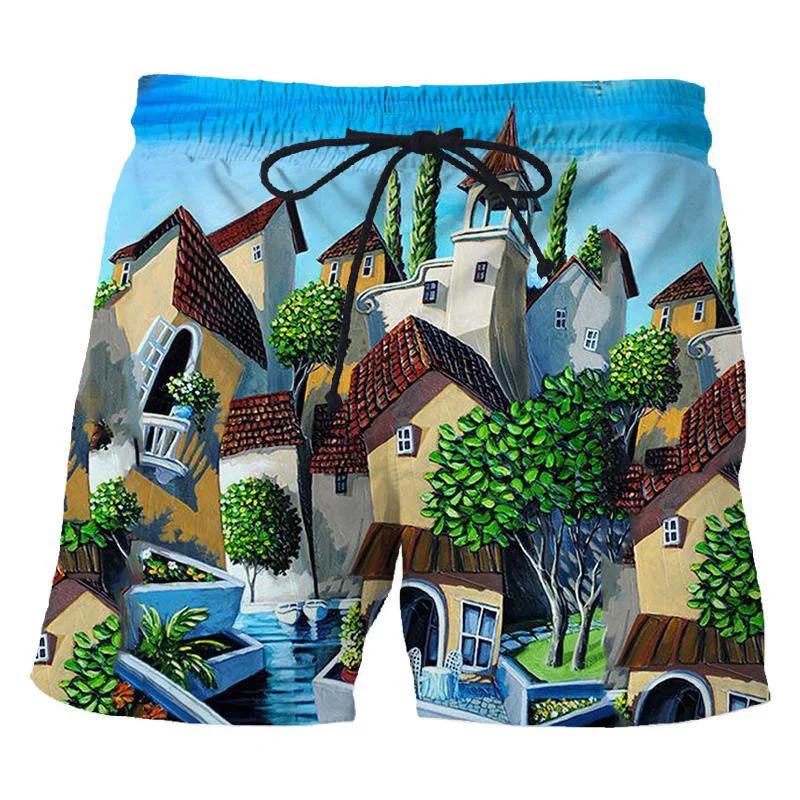 Modern City Building Houses 3D Print Beach Shorts Men Women Summer Casual Trunks Surfing Board Shorts Swimwear Kids Man Clothing