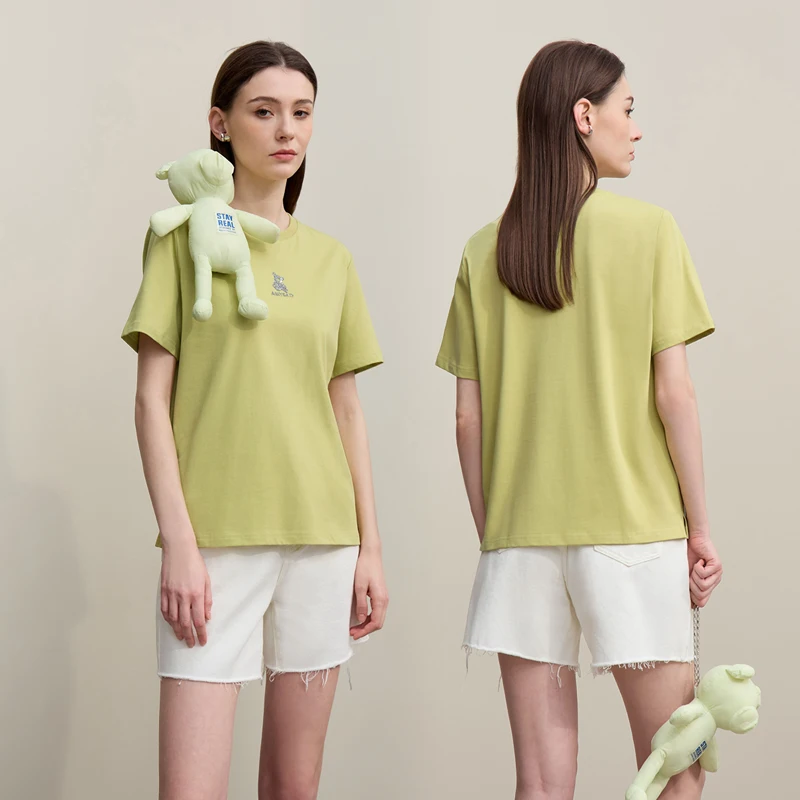 Amii Top Women 2026 Summer New Round Neck Bear Letter Diamond Craft Cotton T-shirt Women's Versatile Short Sleeve Tee 12642020