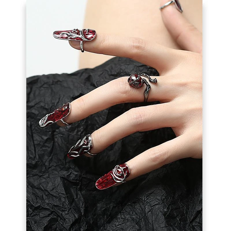 

Niche Design Finger Guard Nail Buckle Wearing Flame Red Rings Opening Middle Index Tail Ring for Women Fashion Party Jewelry