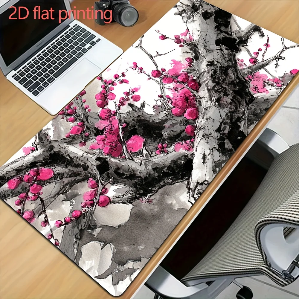 Ink Wash Plum Blossom Tree Large Desk Pad, 2D Flat Printing Extended Mouse Pad, Non-Slip Office Mat