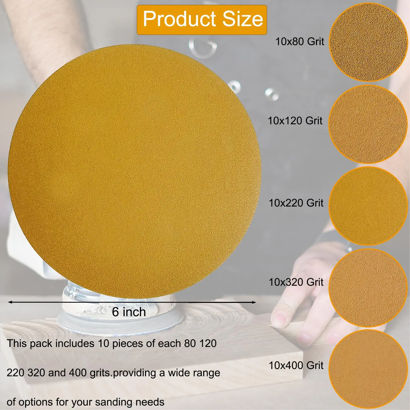 Kit di carta abrasiva in oro PSA DA 6 pollici 50 pezzi 80-400 Grit Hook & Loop per levigatrice DA levigatrice vernice automobilistica lavorazione del legno legno metallo