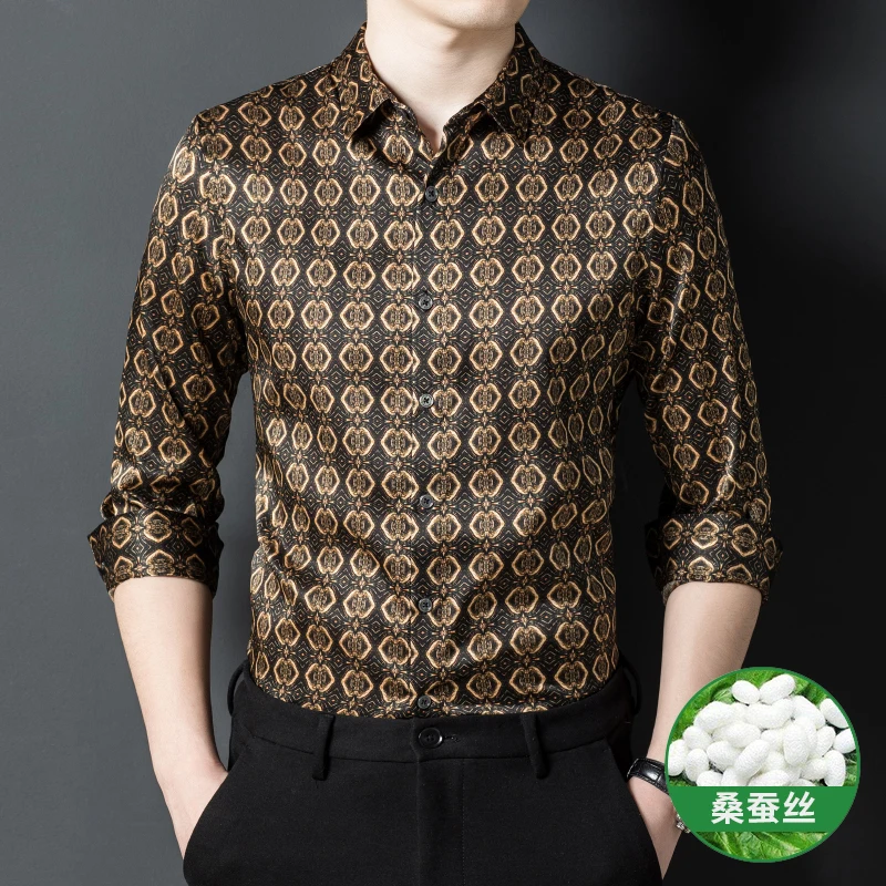 Exquisite Print Shirts For Men Long Sleeve Silk Blends Coolness Summer Quality Lightweight Trendy Casual Satin Camisas De Hombre