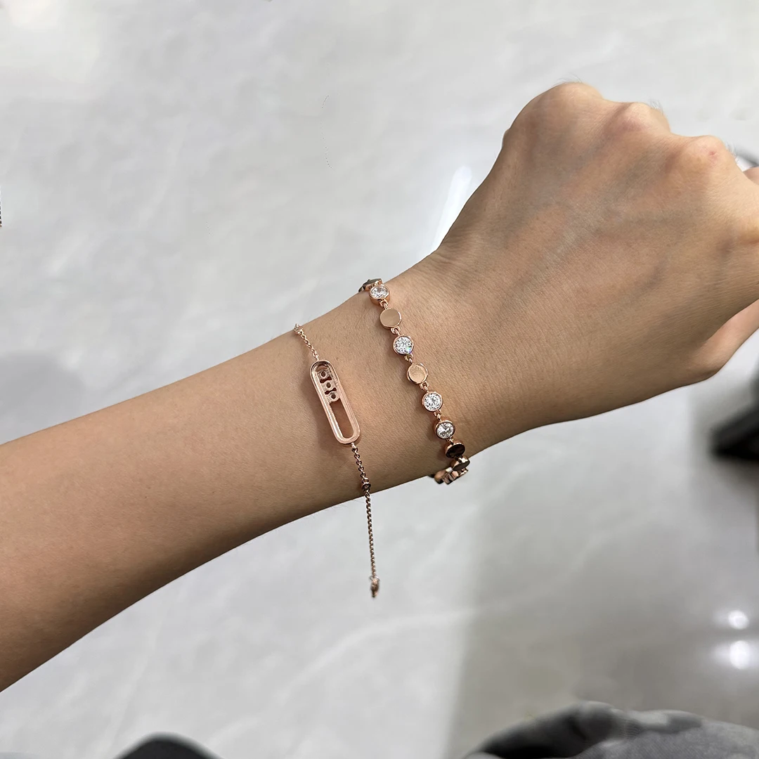 Galvanisiertes 18K Gold Damenarmband mit Vollbesatz aus Diamanten, Dynamisches Rundperlenarmband – Detail 2